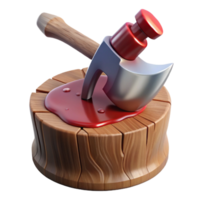 picturesque nostalgic tropical A single, bloodied axe embedded in a wooden stump. NO BACKGROUND with Transparent Background. sharp png