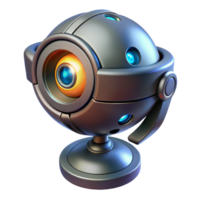 joyful dramatic Sci-fi security camera, futuristic design, glowing lens, rotating head NO BACKGROUND with Transparent Background. studio quality png