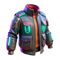 notable bohemian Cyberpunk jacket, futuristic design, glowing accents, multiple pockets NO BACKGROUND with Transparent Background. masterfully captured png