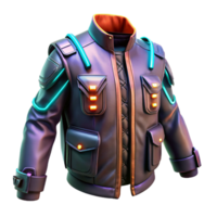 rare contemporary Cyberpunk jacket, futuristic design, glowing accents, multiple pockets NO BACKGROUND with Transparent Background. sharp png