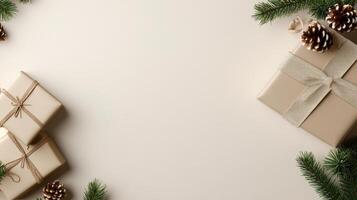 Elegant holiday gifts with pinecones and greenery on light background photo