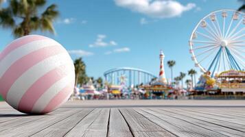 colorful striped ball on wooden deck near vibrant amusement park photo