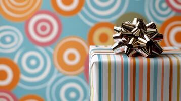 beautifully wrapped gift with shiny bow on colorful background photo