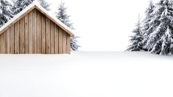 cozy wooden cabin surrounded by snow covered trees in winter photo