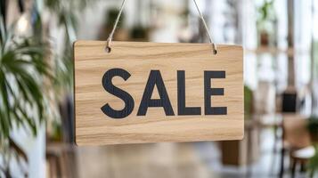 Wooden sale sign hanging in store, promoting discounts and offers photo