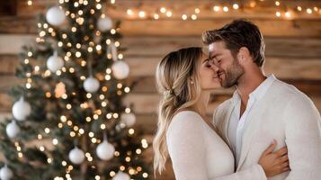 couple sharing kiss in cozy cabin with festive lights photo