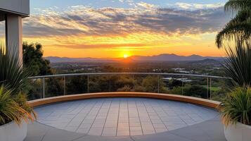 stunning sunset view from balcony with soft colors and mountains photo