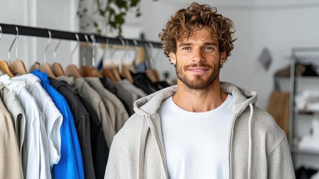 Stylish young man smiling in clothing store, browsing through racks photo