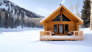 cozy cabin in snowy landscape, surrounded by tall trees and mountains photo