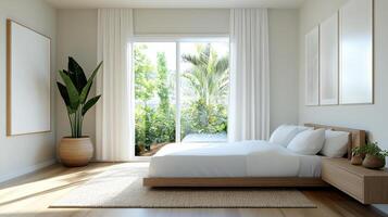 tranquil bedroom with large window, soft curtains, and plants photo
