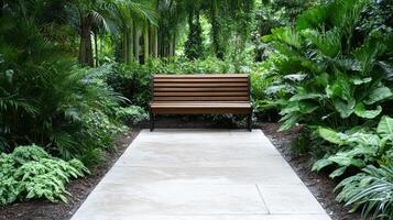 tranquil garden featuring wooden bench surrounded by lush greenery photo