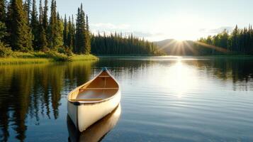 tranquil lake view with canoe surrounded by lush trees and sunlight photo
