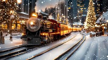 whimsical Christmas train traveling through snowy landscape, surrounded by festive lights and photo