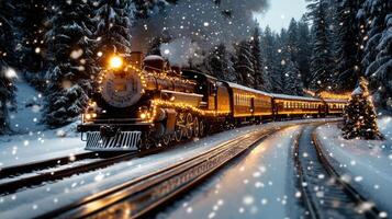 whimsical Christmas train traveling through snowy forest landscape photo