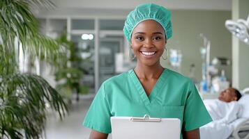 healthcare worker in green scrubs smiling confidently in clinic photo