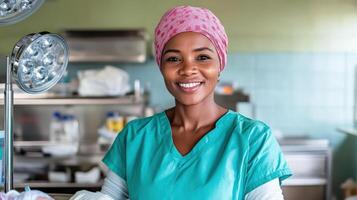 healthcare worker in scrubs smiling warmly in medical setting photo