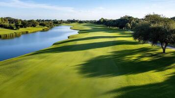 Aerial view of lush green golf course with fairways and water photo
