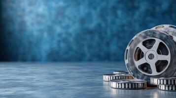 Film reels on textured surface with blue background, evoking nostalgia photo