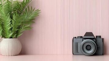 stylish camera and potted plant on pink background create modern aesthetic photo