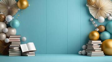 vibrant setup featuring books, decorative balloons, and paper fans photo