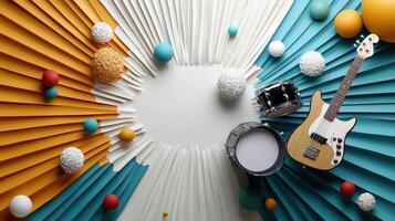 Colorful 3D design with musical instruments and decorative spheres photo