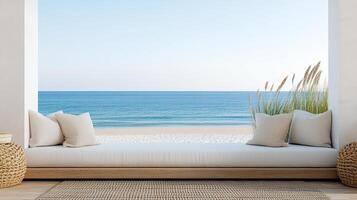 serene beach bed with soft cushions overlooking tranquil ocean view photo