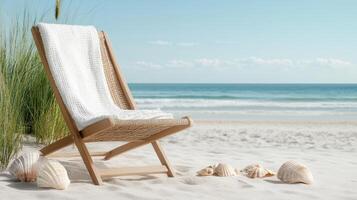 Relaxing beach chair with towel and seashells on sandy shore photo