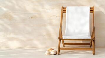 Relaxing beach chair with towel and seashells on sandy background photo