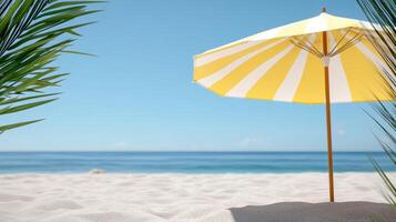 serene beach scene featuring yellow striped umbrella and calm ocean photo