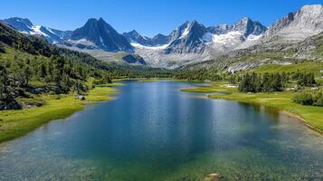 serene lake surrounded by majestic mountains and lush greenery photo