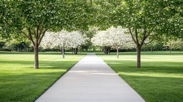 serene pathway lined with flowering trees in lush green park photo