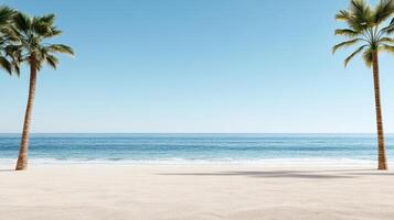 serene beach with palm trees and calm ocean waves under clear sky photo