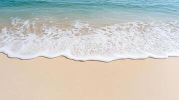tranquil beach scene with soft sand and gentle waves lapping shore photo