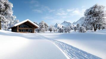 serene snowy landscape featuring cozy cabin surrounded by trees and mountains photo