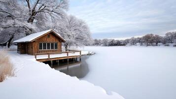 serene snowy landscape featuring wooden cabin by frozen lake photo