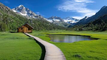 serene mountain valley with wooden cabin by tranquil pond photo