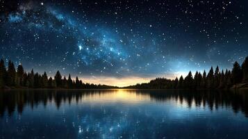 serene starry night sky reflects over calm lake surrounded by trees photo