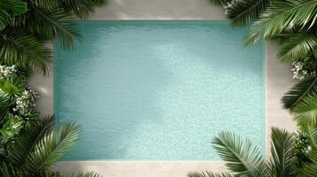 serene swimming pool surrounded by lush greenery and tropical plants photo