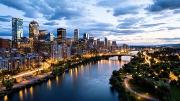 stunning city skyline at dusk, showcasing vibrant lights and reflections photo