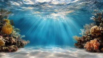 Underwater scene with sun rays shining through the water photo