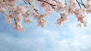Cherry blossoms on a branch against a blue sky photo