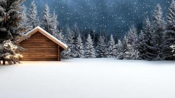 Wooden cabin in the snow with trees and snow photo