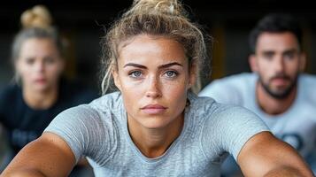 A woman is looking at the camera while others are in the background photo