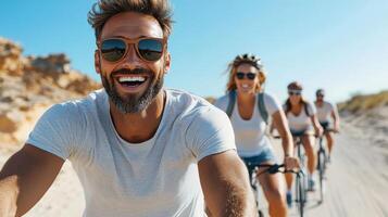 A group of people riding bicycles on a beach photo
