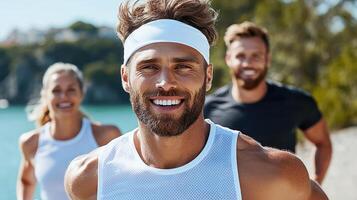Three men and a woman running together photo