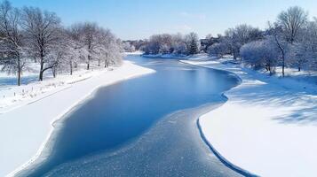A river in the winter with snow on the ground photo