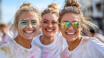 Three women with paint on their faces and sunglasses photo