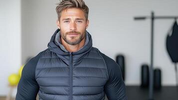 A man in a gym wearing a puffy jacket photo