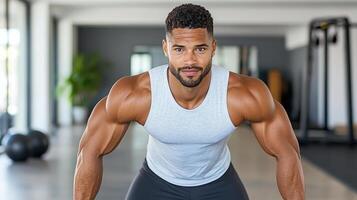 A man in a gym doing squats photo