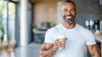 A man with a beard holding a coffee cup photo